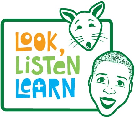 Cartoon drawing of the face of Possum and Aunty Lena next to the words Look, Listen, and Learn 